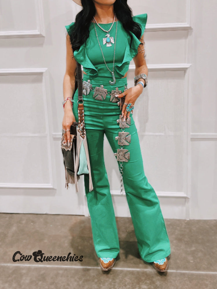 Women&rsquo;s Ruffled Round Neck Wide Leg Jumpsuit Green / S