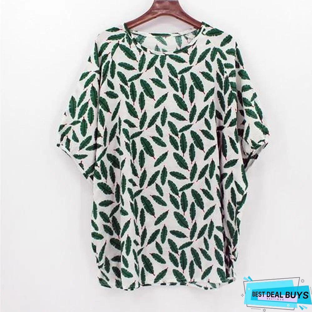 Plus Size Women Batwing Casual Tops Tees Floral Print Cotton Linen Blouses