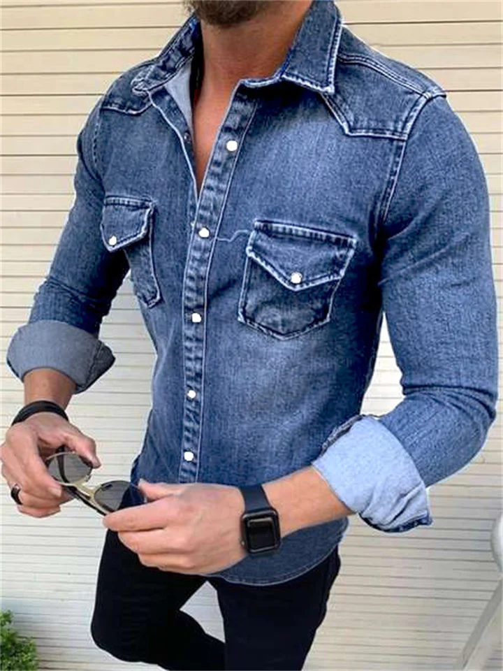 Men's Denim Shirt Solid Color Collar Black Blue Royal Blue Light Blue Gray Street Daily Long Sleeve Button-Down Clothing Apparel Denim Casual Comfortable Pocket-Cosfine
