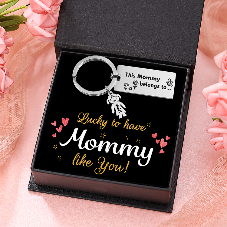 1 Name - Personalized Keychain with Kid Charm "This mommy belongs to" Mother's Day Gifts For Her