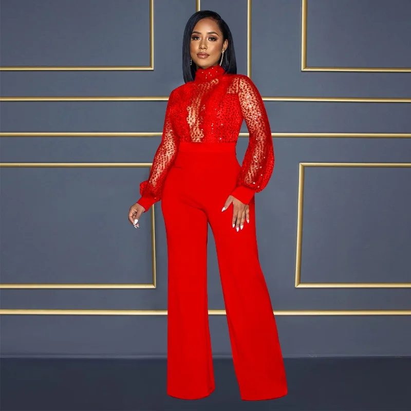 Women's Sexy Lace Mesh Patchwork Sequins Crochet Party Wide Leg Jumpsuits