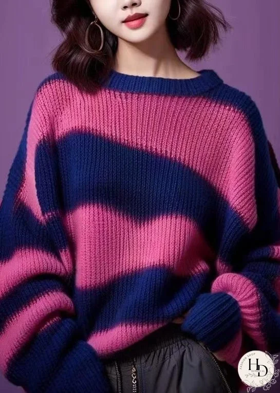 Women Purple O Neck Thick Patchwork Knit Sweater Winter