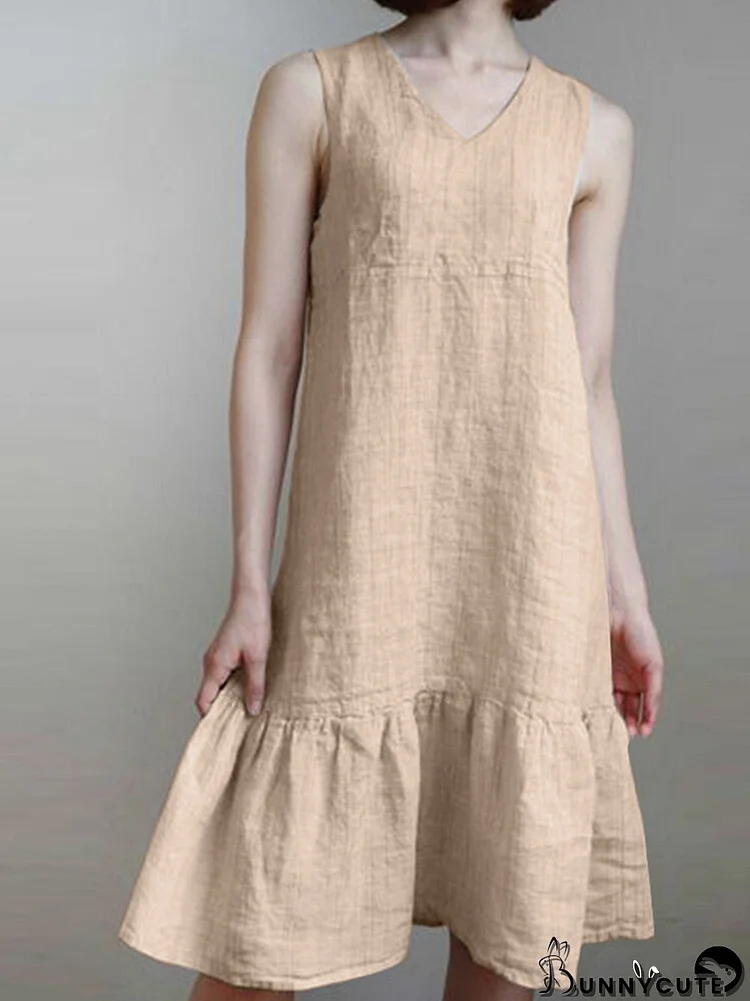 Solid V-Neck Ruffle Hem Cotton Casual Sleeveless Dress