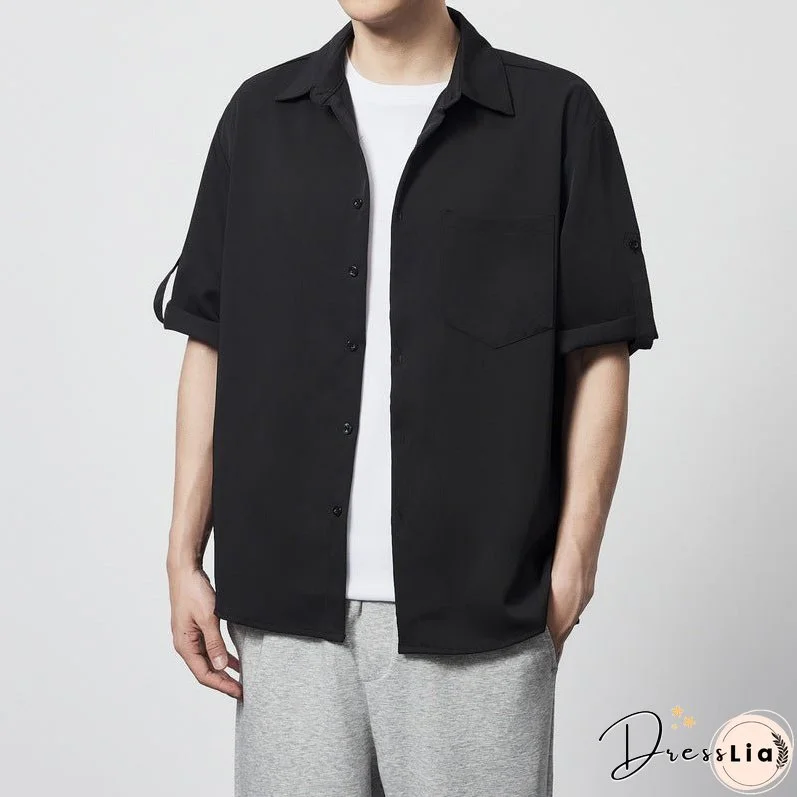 Minimalist Basic Solid Color Short Sleeve Shirt Loose Twill