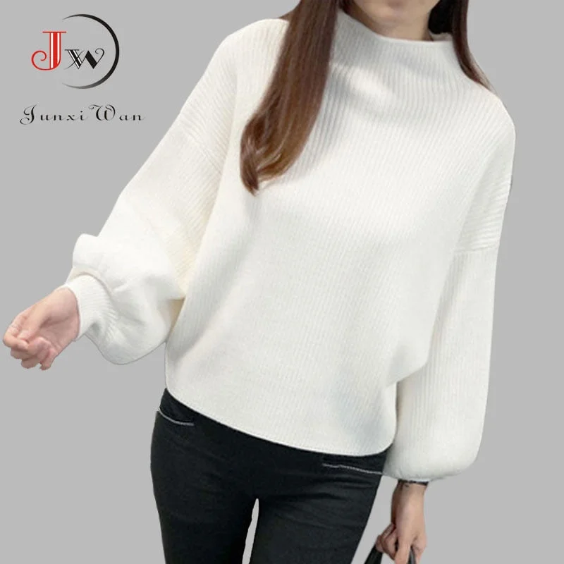 New Winter Women Sweater Fashion Turtleneck Lantern Sleeve Pullovers Loose Knitted Female Jumper Tops Pull Femme