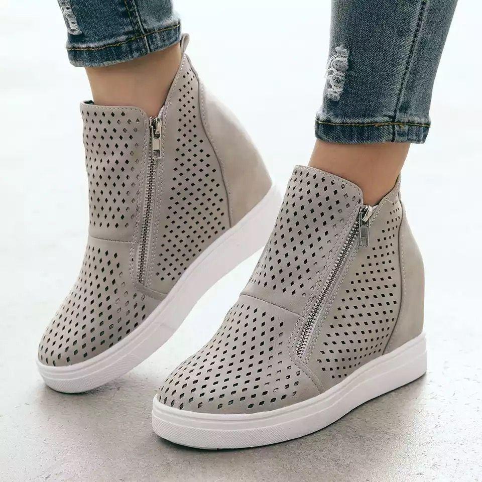 Hollow zip up wedge sneakers slip on casual shoes