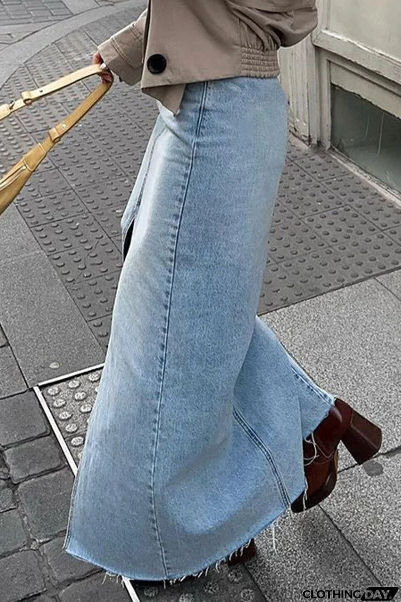 Street Solid Ripped Slit Straight Solid Color Bottoms