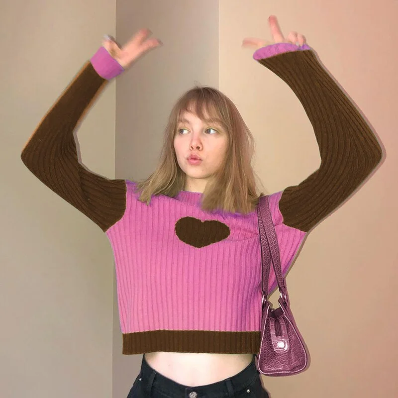 Kawaii Cartoon Female Sweater Contrast Spliced Pullover Mock Neck Crop Tops Korean Fashion Streetwear Sweet Outfit Cuteandpsycho