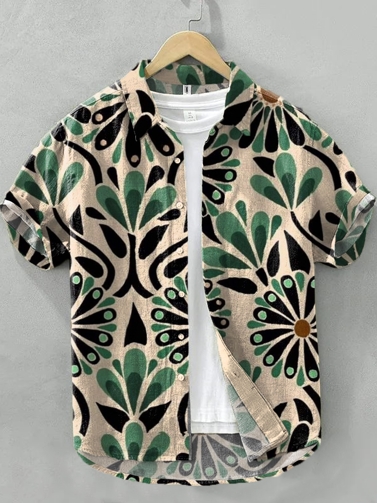 Men's Vintage Boho Inspired Print Linen Blend Shirt