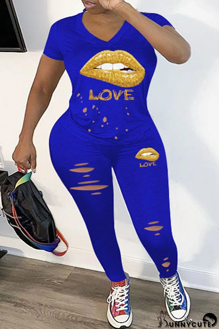Blue Fashion Casual Letter Lips Printed Ripped V Neck Plus Size Two Pieces