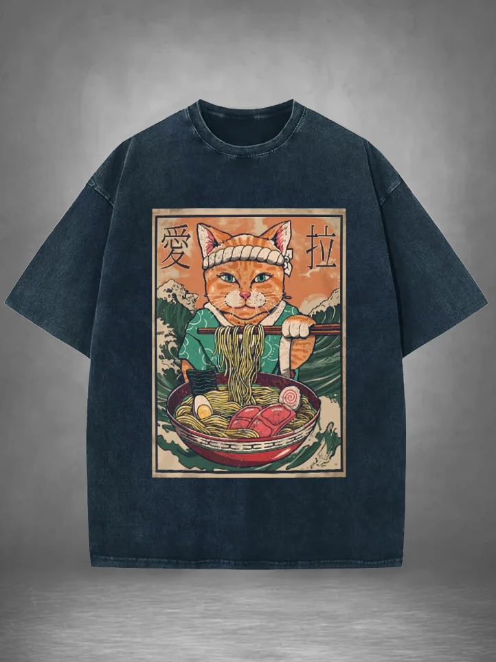 Men's Japanese Samurai Cat Eating Ramen Print Cotton Washed T-Shirt