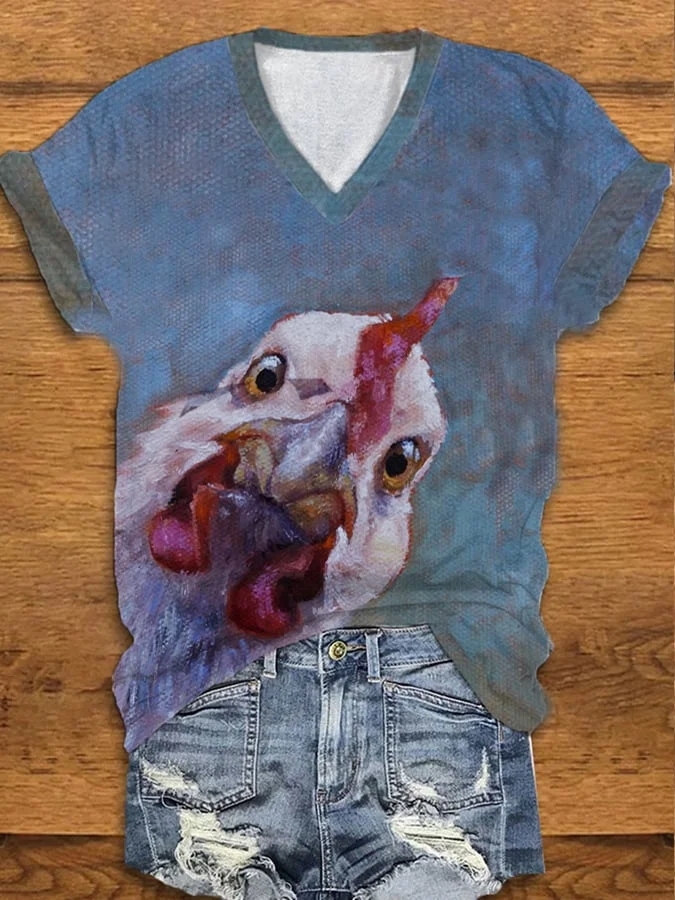 Women's Oil Painting Funny Rooster Print Casual V-Neck Tee