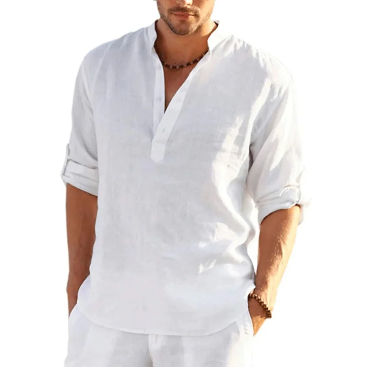 Men's Solid Color Casual Long Sleeve Cotton Linen Shirt b815