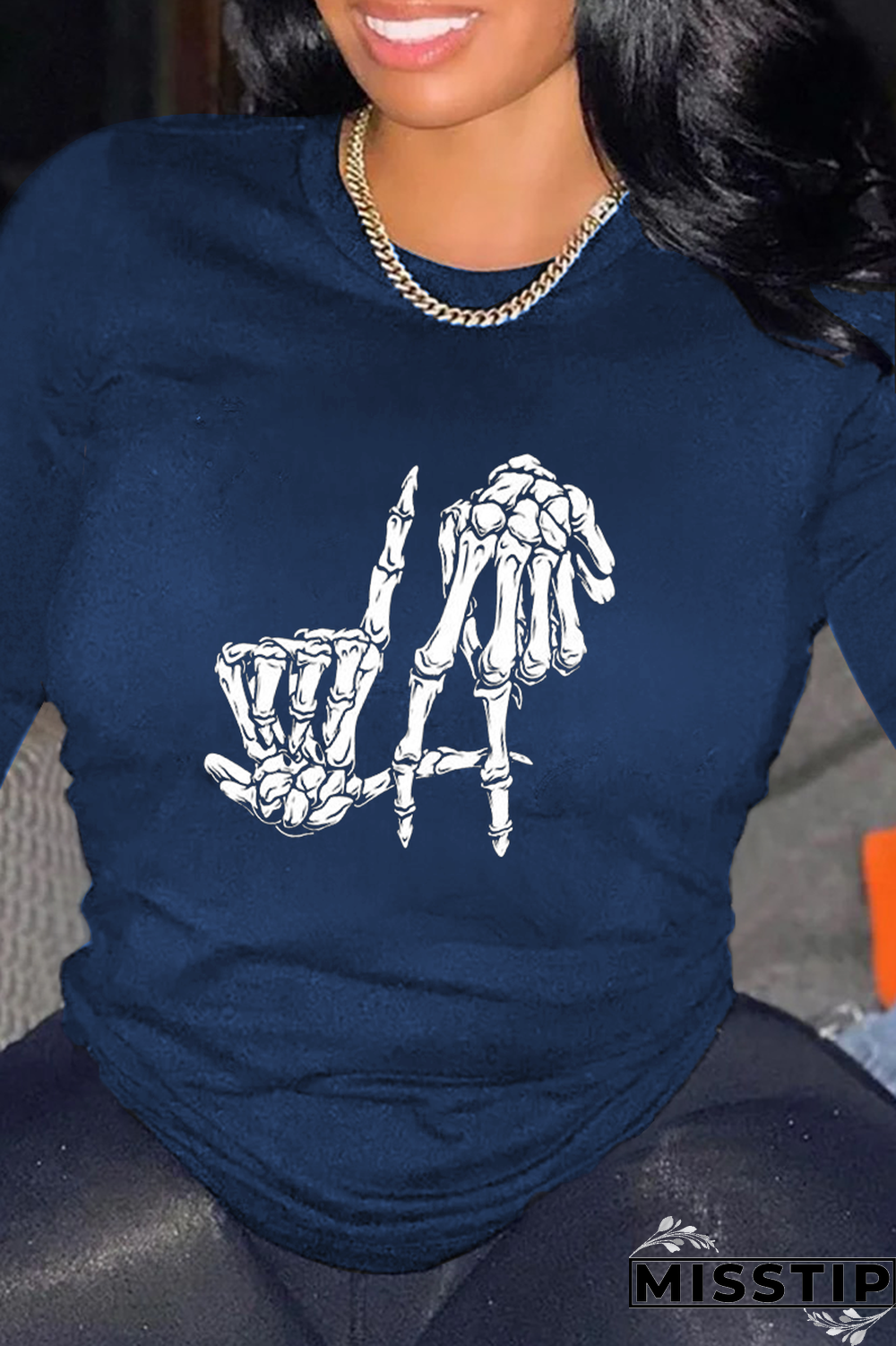 Navy Blue Casual Party Print Patchwork O Neck Tops