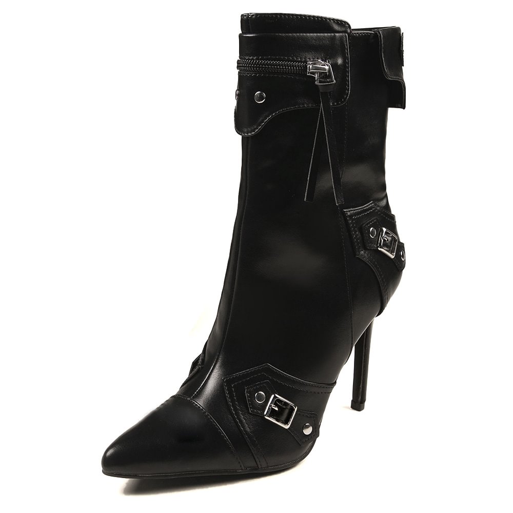 Black Leather Booties Zipper Pointed Toe Stiletto Boots Nicepairs