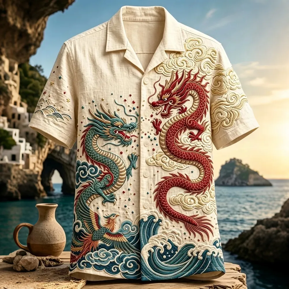 Men's Vintage Dragons Waves Print Short Sleeve Shirt  artssus