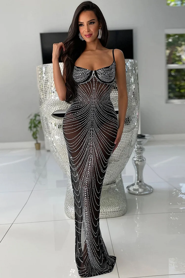 Mesh Rhinestone See-Through Cami Maxi Dress-Black