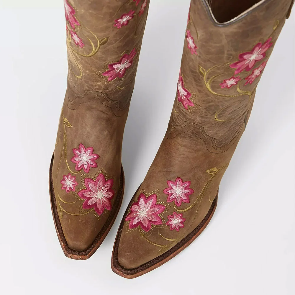 Tan Floral Embroidered Snip Toe Mid Calf Cowgirl Boots for Women