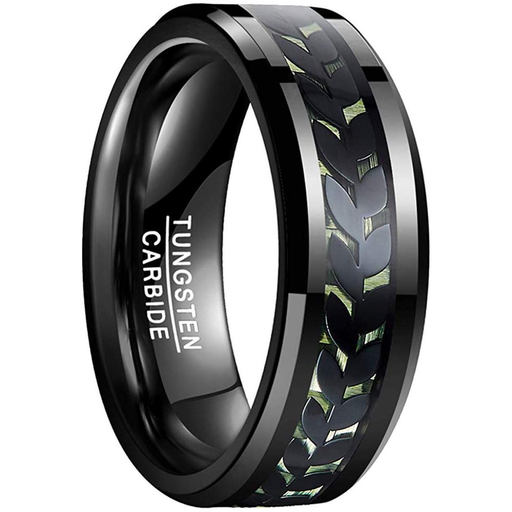 4MM 6MM 8MM 10MM Unisex Leaves and Carbon Fiber Inlay Black and Green Tungsten Matching Carbide Rings Men Women Couple Wedding Band Mens Womens Comfort Fit Ring