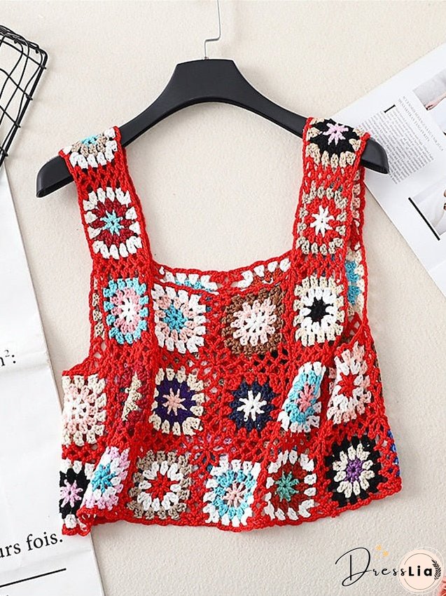 Women's Sweater Vest Jumper Crochet Knit Embroidered Hole Floral Square Neck Stylish Sexy Daily Holiday Summer Spring