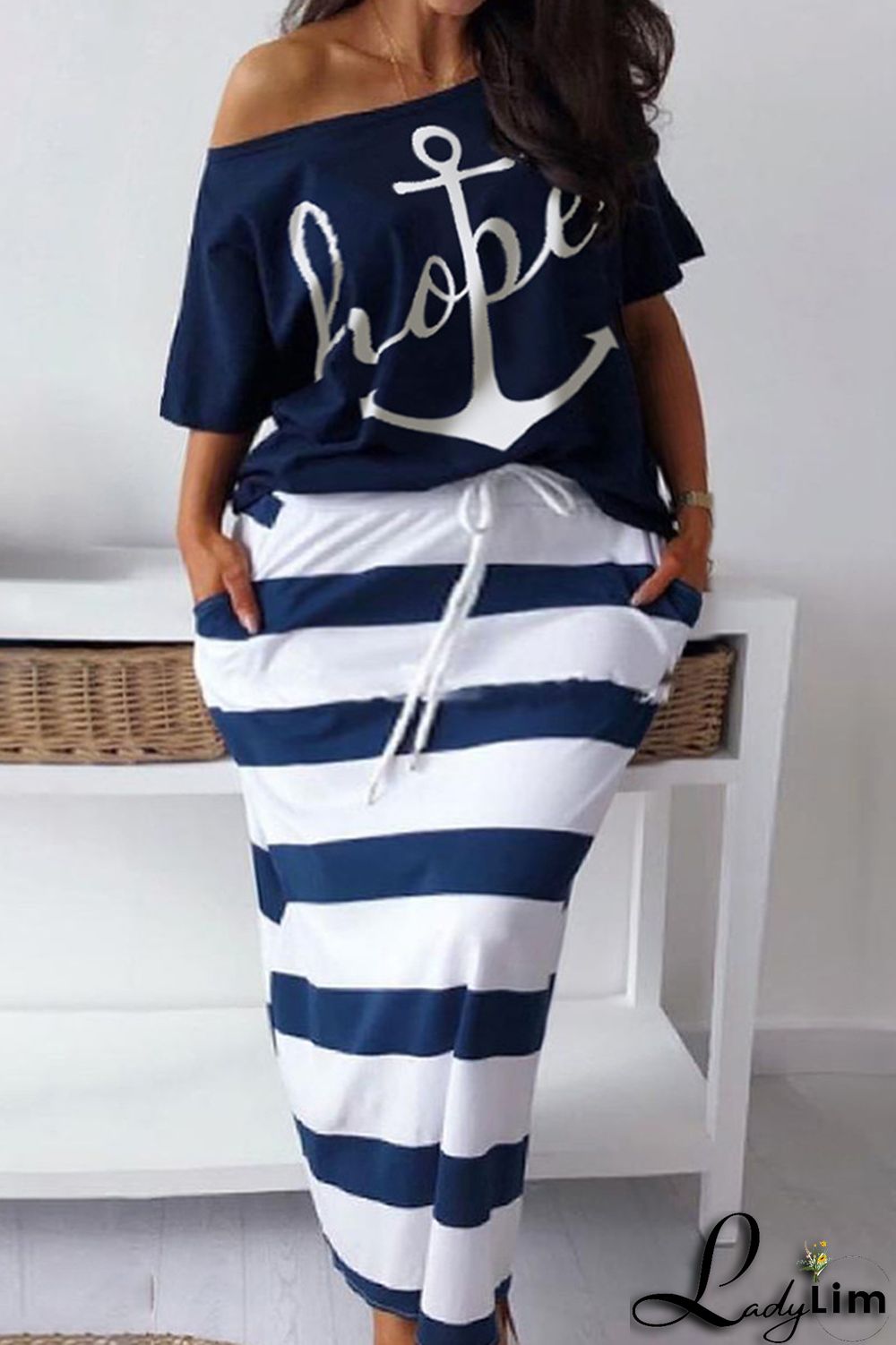 Deep Blue Fashion Casual Print Basic Oblique Collar Plus Size Two Pieces