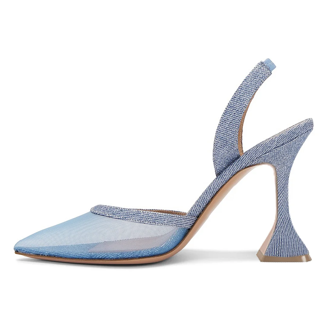 Blue Denim & Mesh Pointed Toe Slingback Flared Heel Pumps