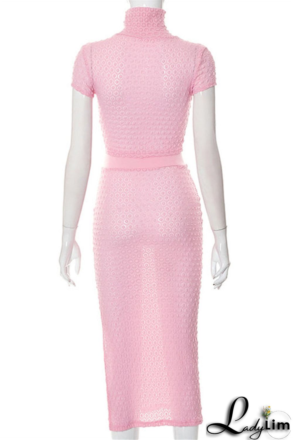 Pink Fashion Casual Solid Patchwork Slit Turtleneck Short Sleeve Two Pieces