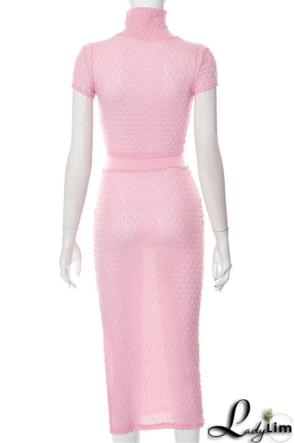 Pink Fashion Casual Solid Patchwork Slit Turtleneck Short Sleeve Two Pieces