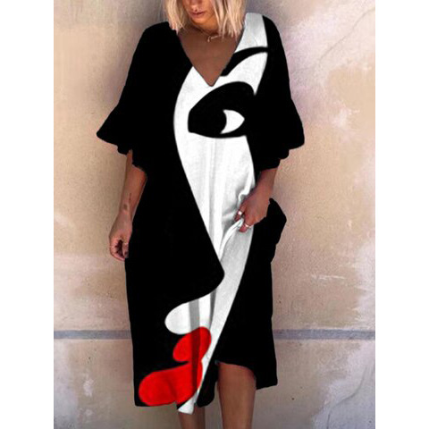 Mature Women Plus Size Beach Casual Dress Retro Print Dress