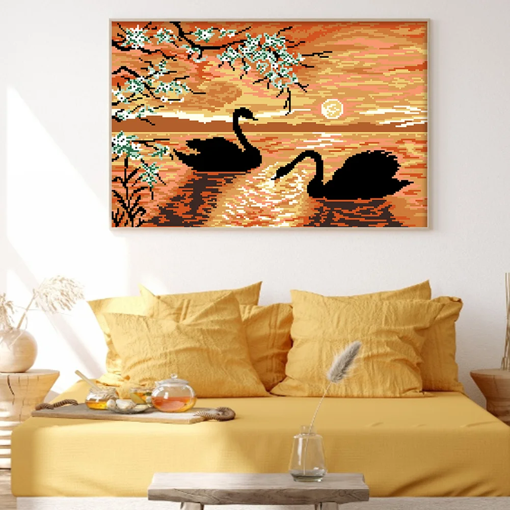 9CT Full Cross Stitch Bead Embroidery - Swan Lake(Canvas|50*36CM)