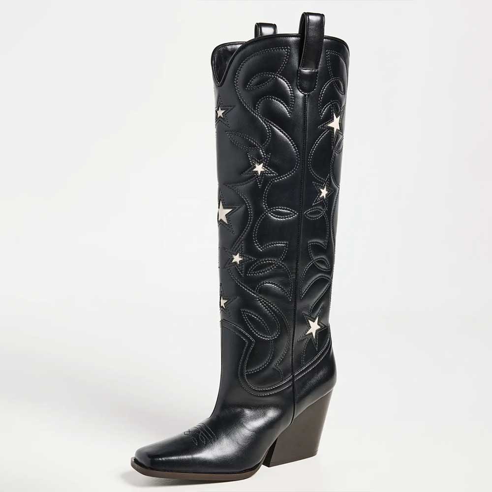 Black Stitching Star Chunky Heel Knee High Cowboy Boots for Women