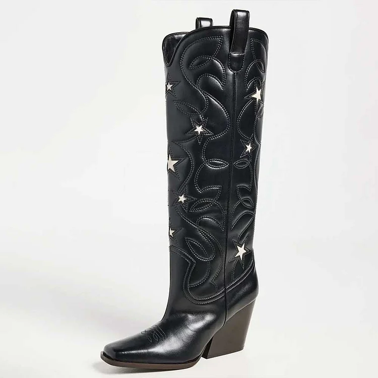 Black Stitching Star Chunky Heel Knee High Cowboy Boots for Women |FSJ Shoes