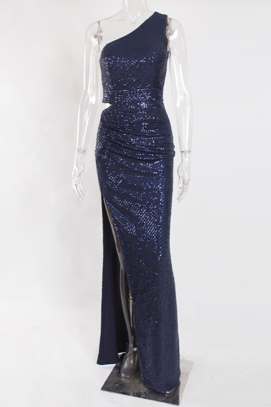 One Shoulder Sequins Prom Dress Long Mermaid Party Gowns With Slit