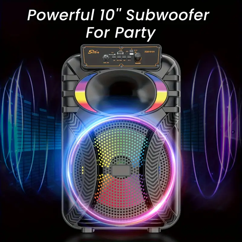 massive 10 bt speaker for outdoor indoor party 2400mah rechargeable portabletv speaker features bt fm usb tf card 2 mic tws pairing wireless mic dynamic colorful led lights camping parties more Product details 1