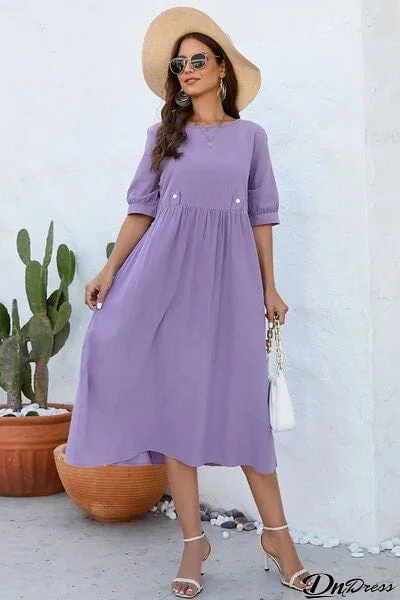 Decorative Button Round Neck Half Sleeve Dress