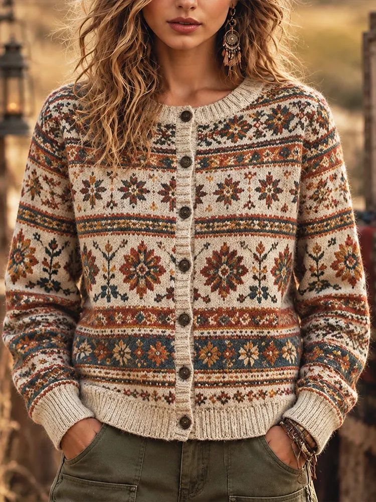 Comstylish Women's Vintage Boho Fair Isle Floral Knit Cardigan