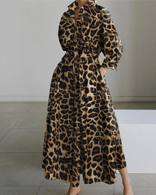 Temperament Commuter Lapel Leopard Shirt Sleeves Loose Dress-