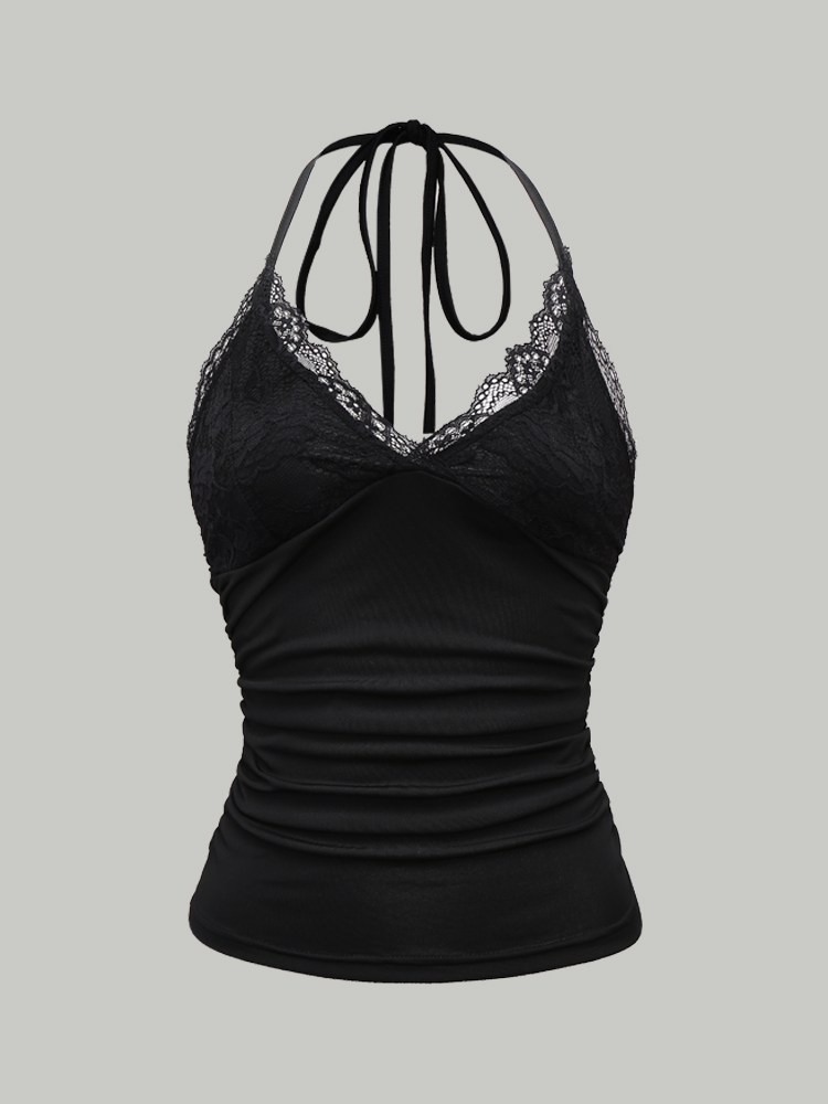 Sexy Lace V-neck Cropped Halter Tops For Women Summer 2024 Solid Color Casual Sleeveless Backless Ruched Tank Top Tee Shirt