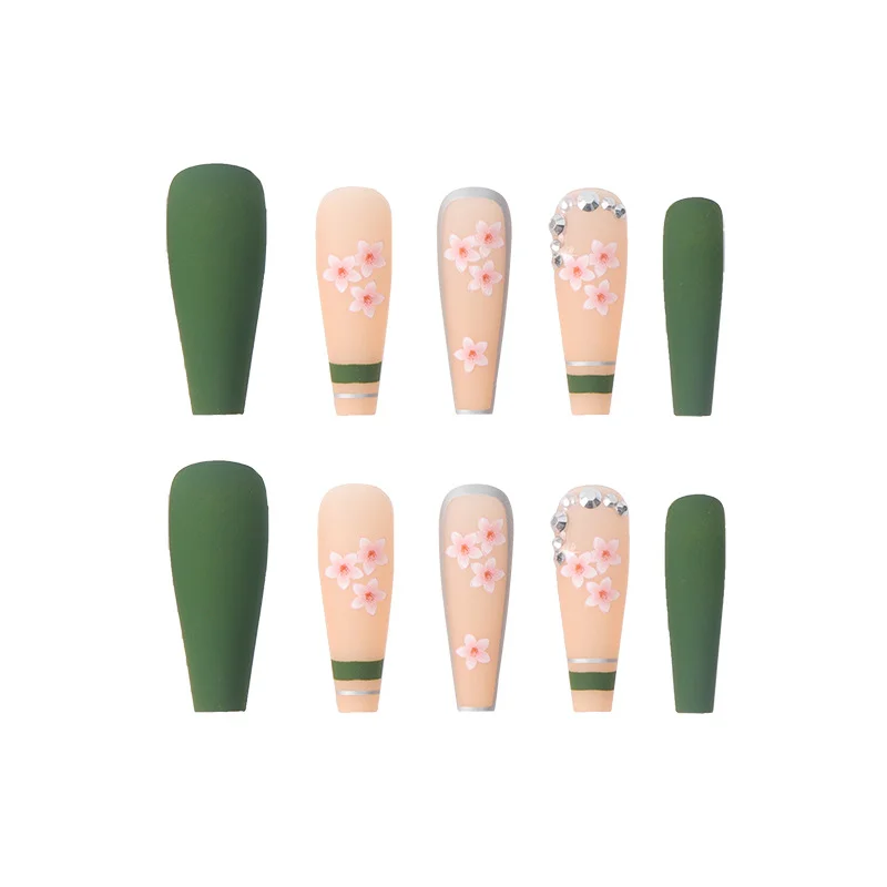 Churchf Blossoms Wearable Nail Art Long Ballet Green False Nails Fashion Detachable Finished Fake Nails Press on Nails with Glue-Nail Inspo