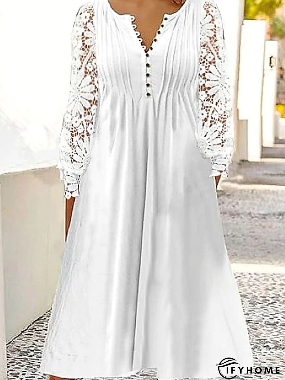 Women's Casual Dress Lace Dress Pleated Dress Plain Lace Button Crew Neck Midi Dress Basic Elegant Outdoor Daily Long Sleeve Regular Fit White Spring Summer S M L XL XXL | IFYHOME
