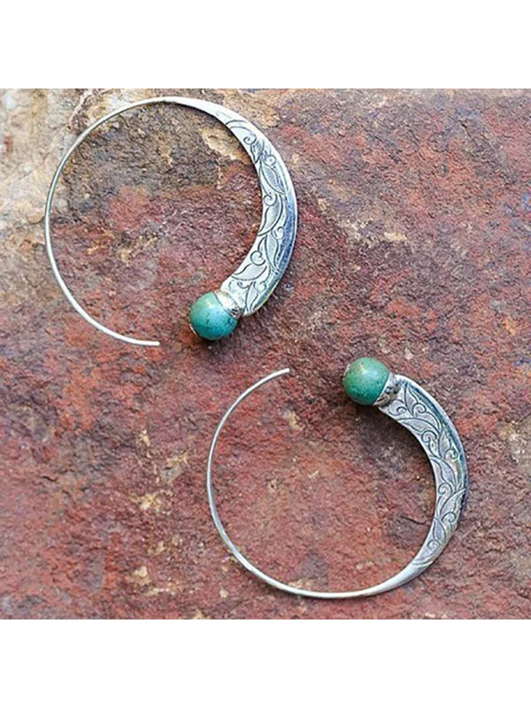 Women's Vintage Carved Turquoise Round Earrings