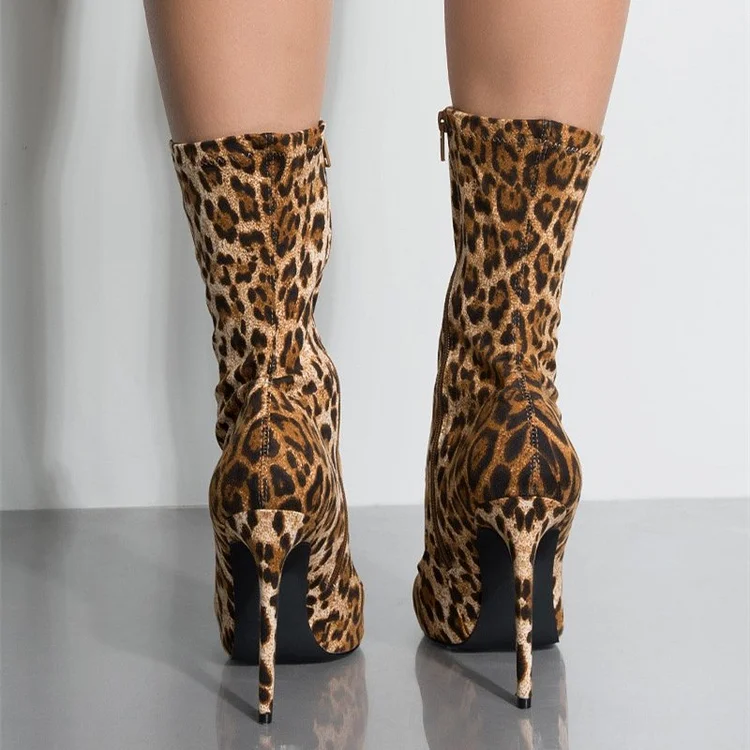 Brown Leopard Print Boots Stiletto Heel Ankle Boots |FSJ Shoes
