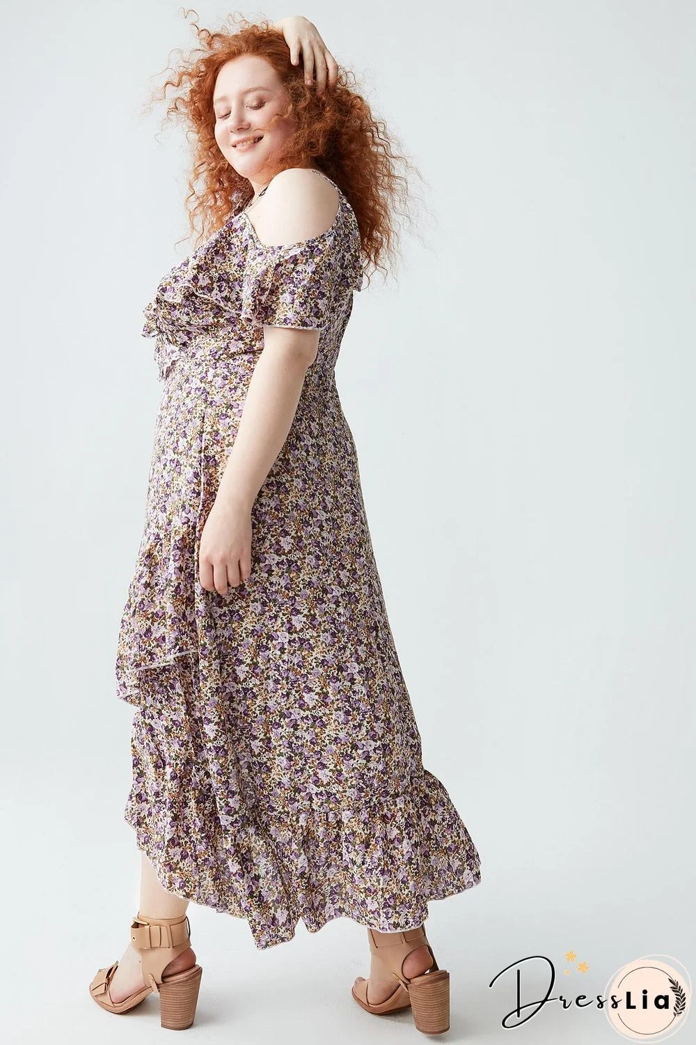 Floral-print Cold-shoulder Ruffled Dress P11993