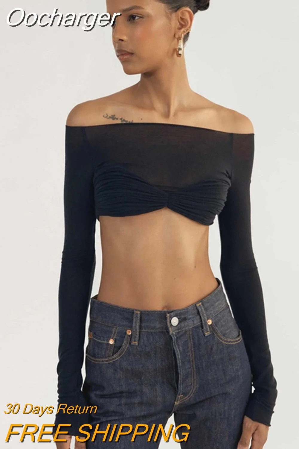 Oocharger See Through Off-shoulder Crop Top Women Slim Short Cropped Tops Ladies Sexy Backless Full Sleeve Ruched T-shirt