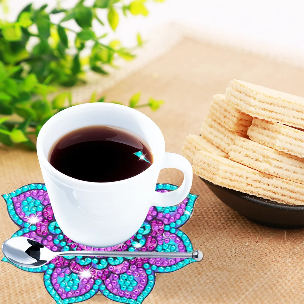 6pcs Datura DIY Diamonds Painting Coaster Woodiness with Rack Cup Pad Decor