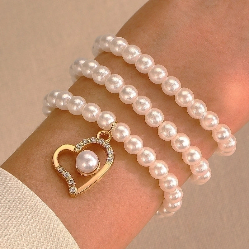 Minimalist Commute Heart Shape Artificial Pearl Alloy Beaded Inlay Zircon Women's Bracelets