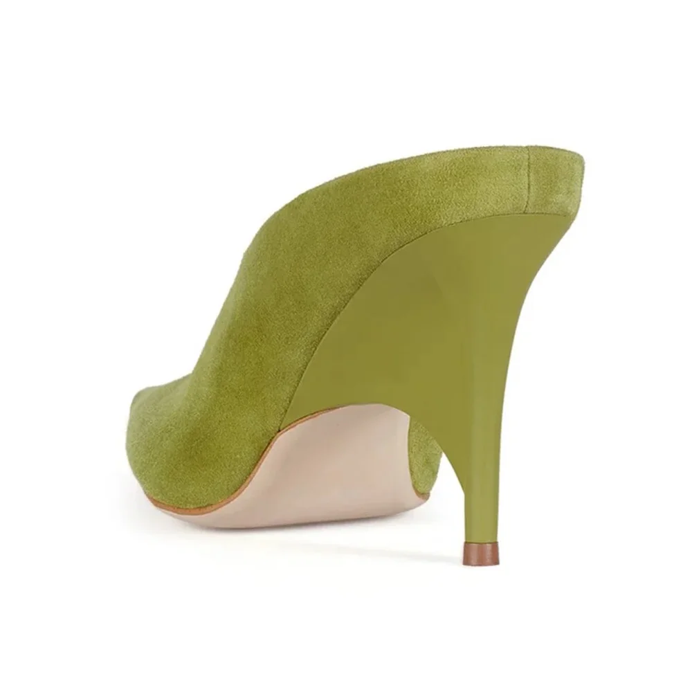 Olive Vegan Suede Slip-On Simple Mule Heels with Pointed Toe