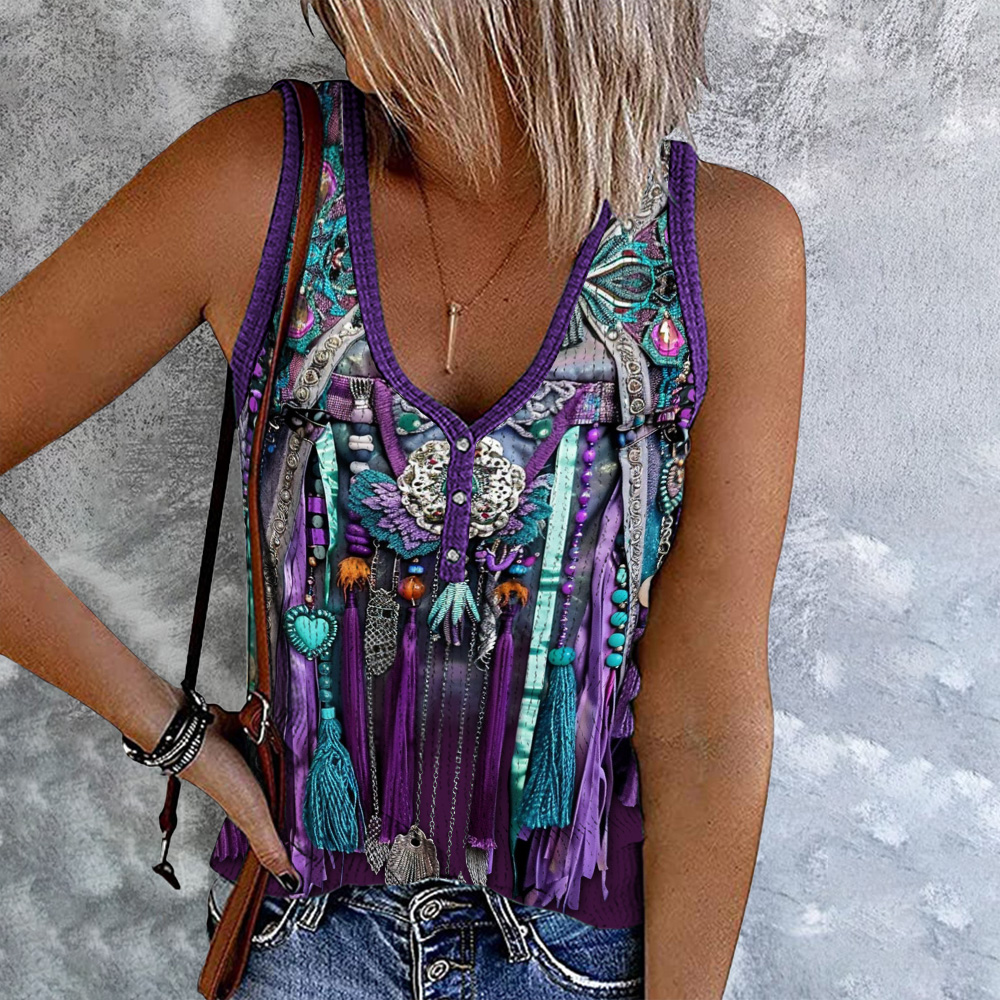 Comstylish Vintage Tassel Printed V-Neck Casual Tank Top