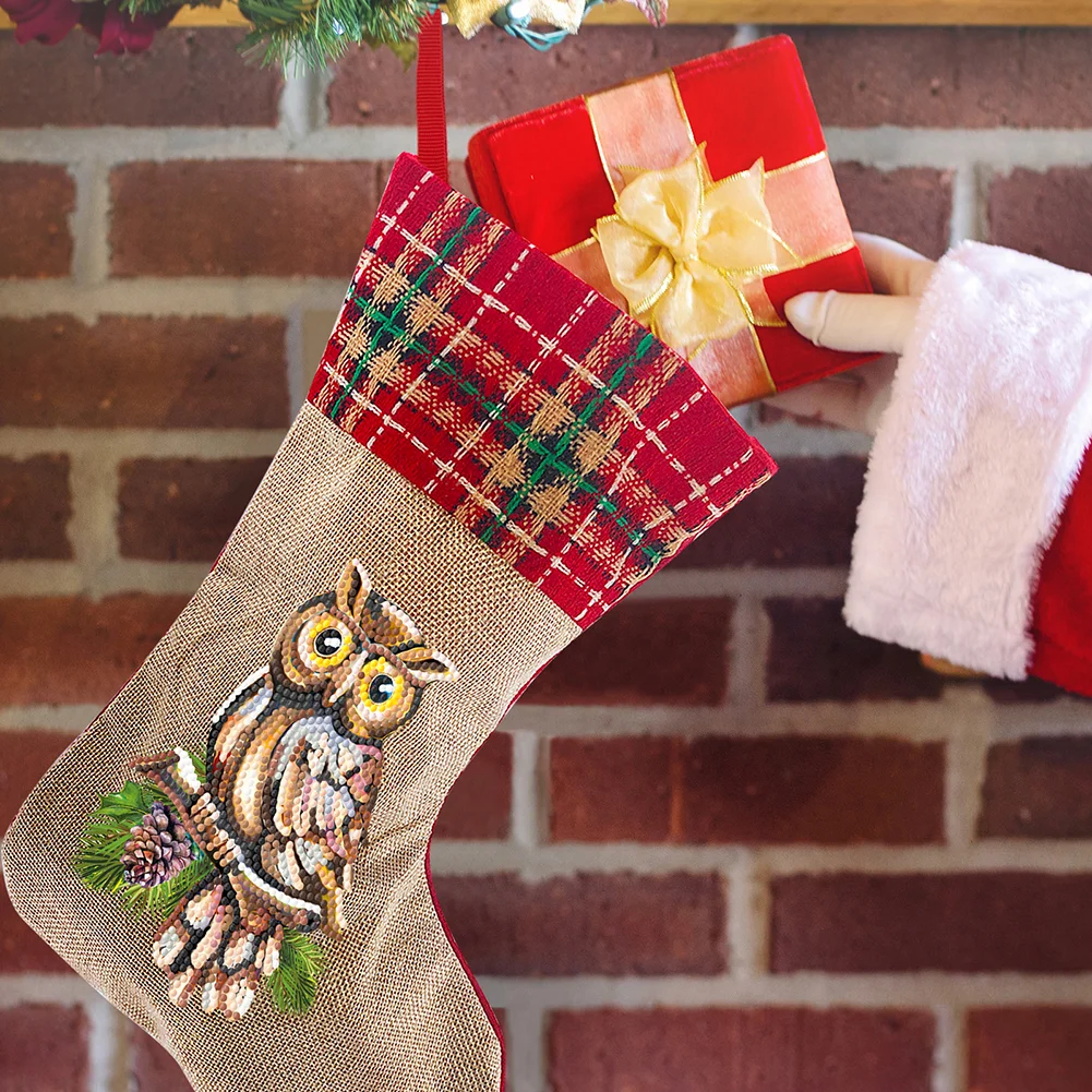 DIY Owl Christmas Socks Decor DIY Diamond Art Kits for Family Party Decoration(20*35cm)