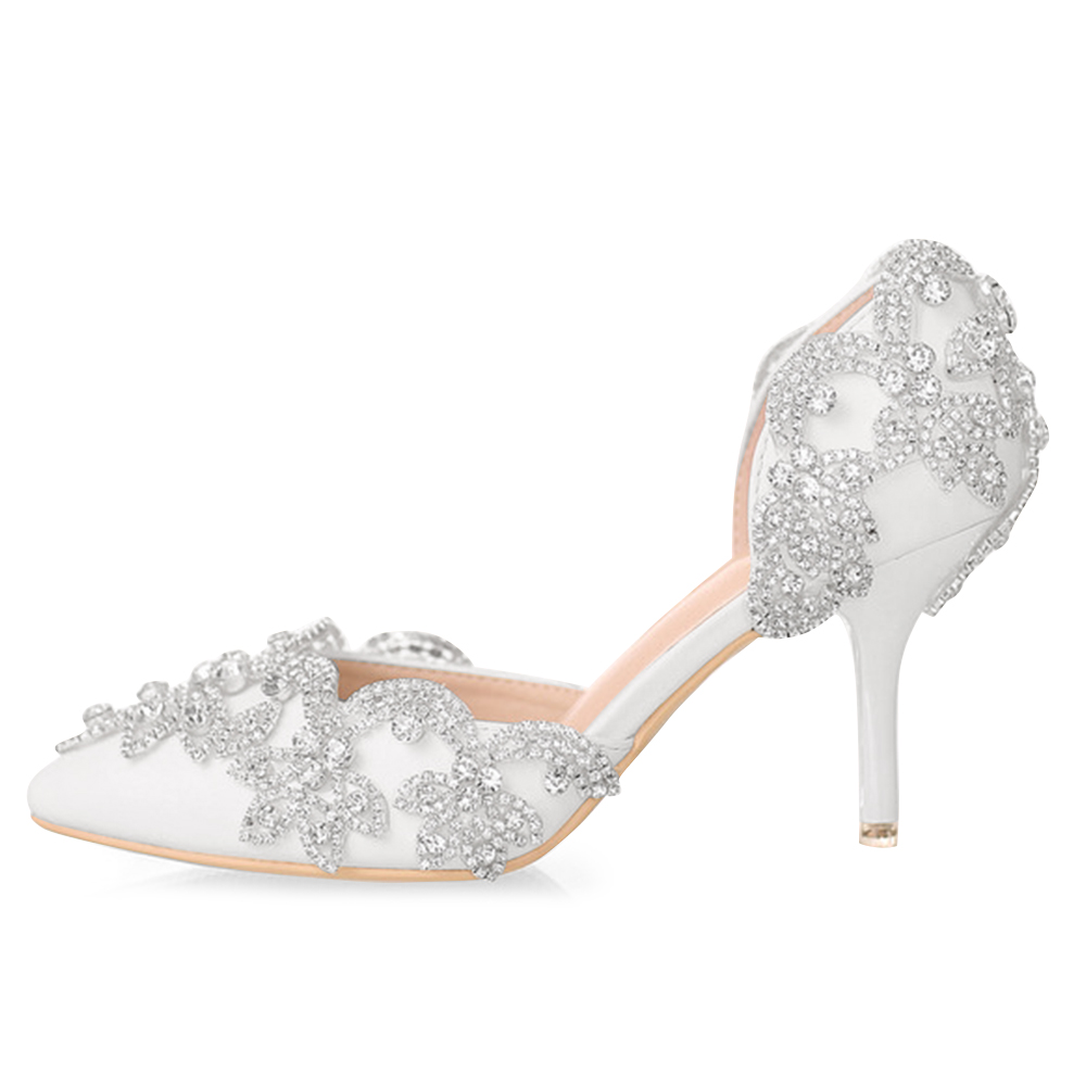 Elegant White Pointed Toe Rhinestone Embellished Wedding Heels Nicepairs
